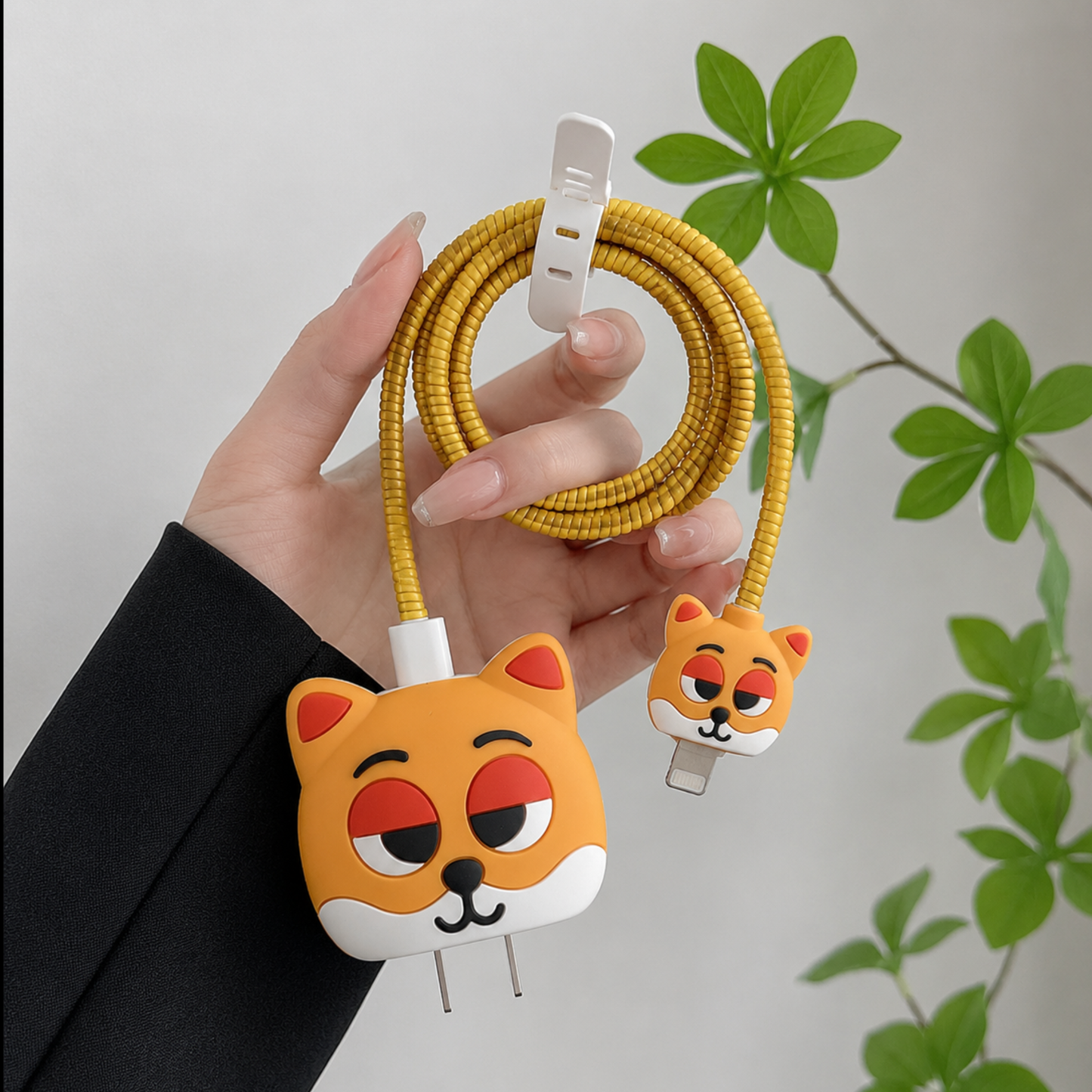 Sleepy Orange Cat Edition – iPhone Charger Cover (With Wire Protector)