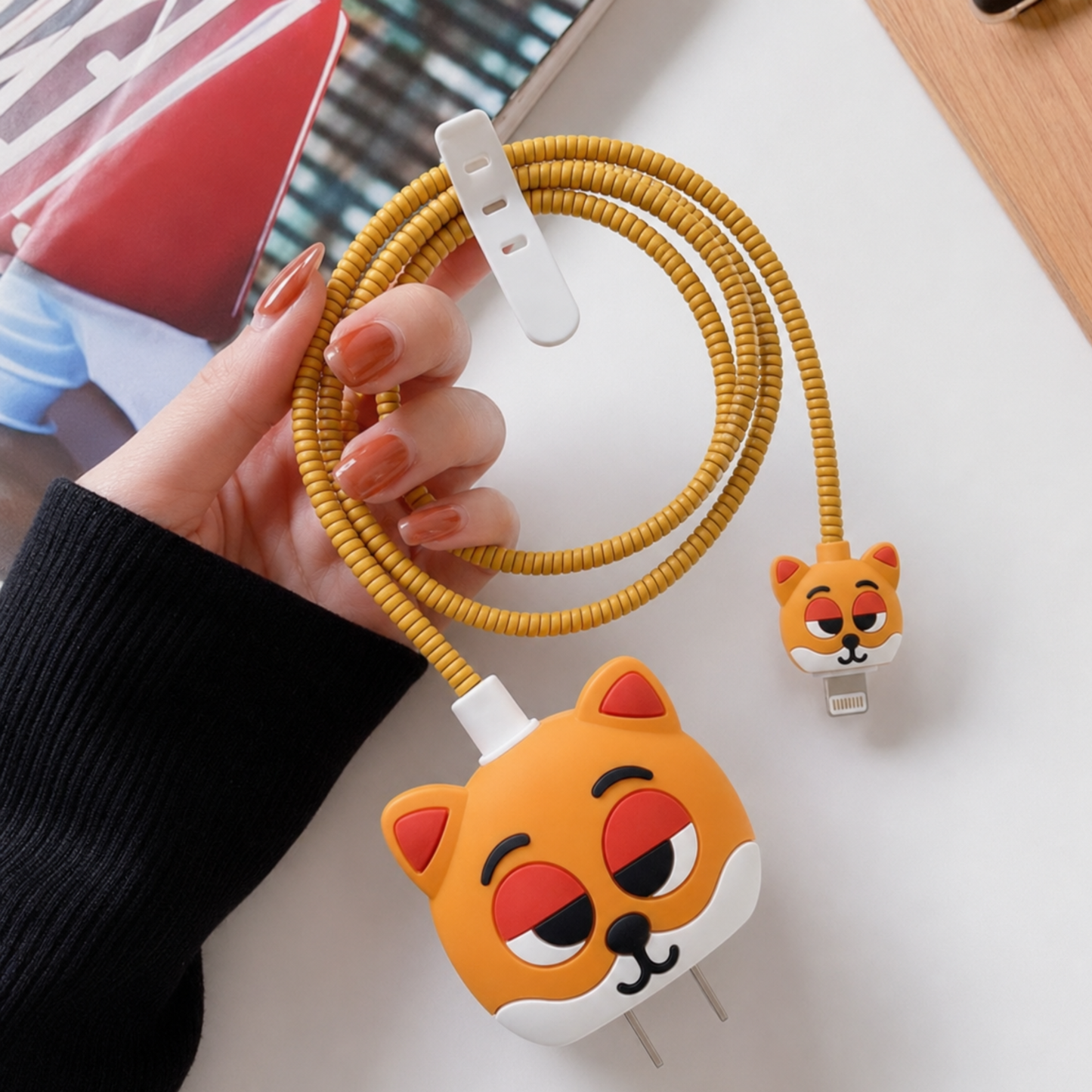 Sleepy Orange Cat Edition – iPhone Charger Cover (With Wire Protector)