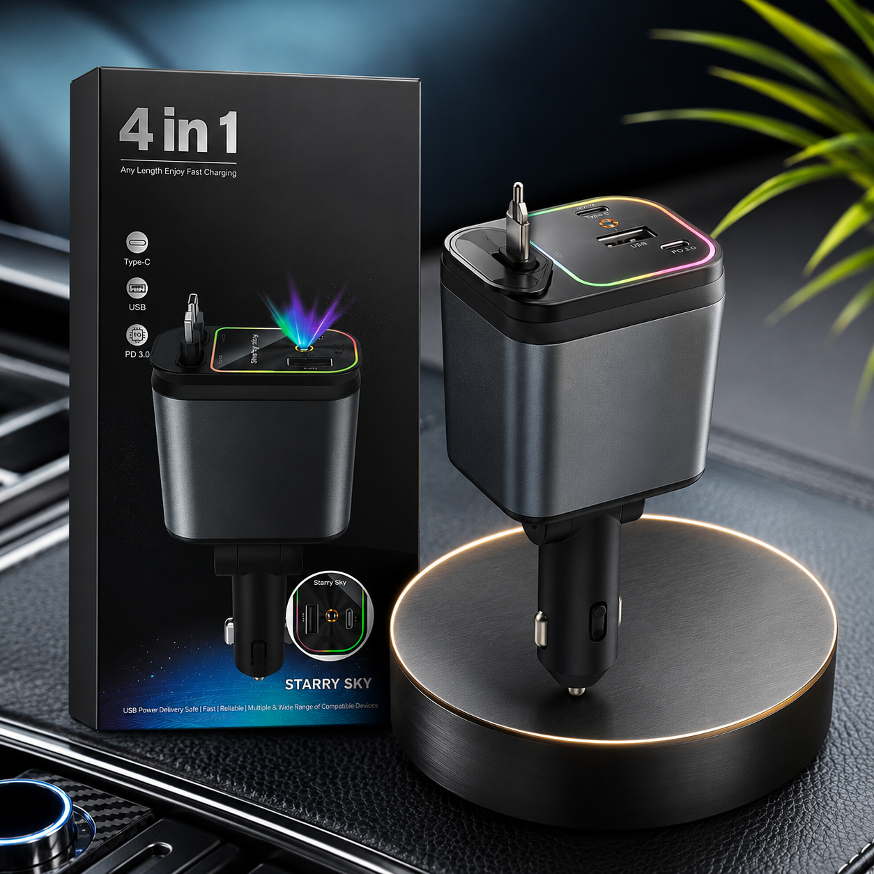 FlexCharge™ 4-in-1 Retractable Fast Car Charger