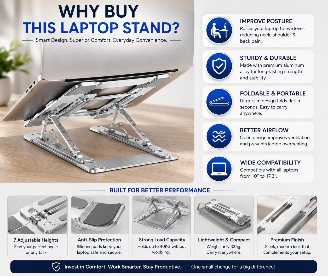 Stand Pro – Foldable Aluminum Laptop & Tablet Stand (6-Level Adjustable)
