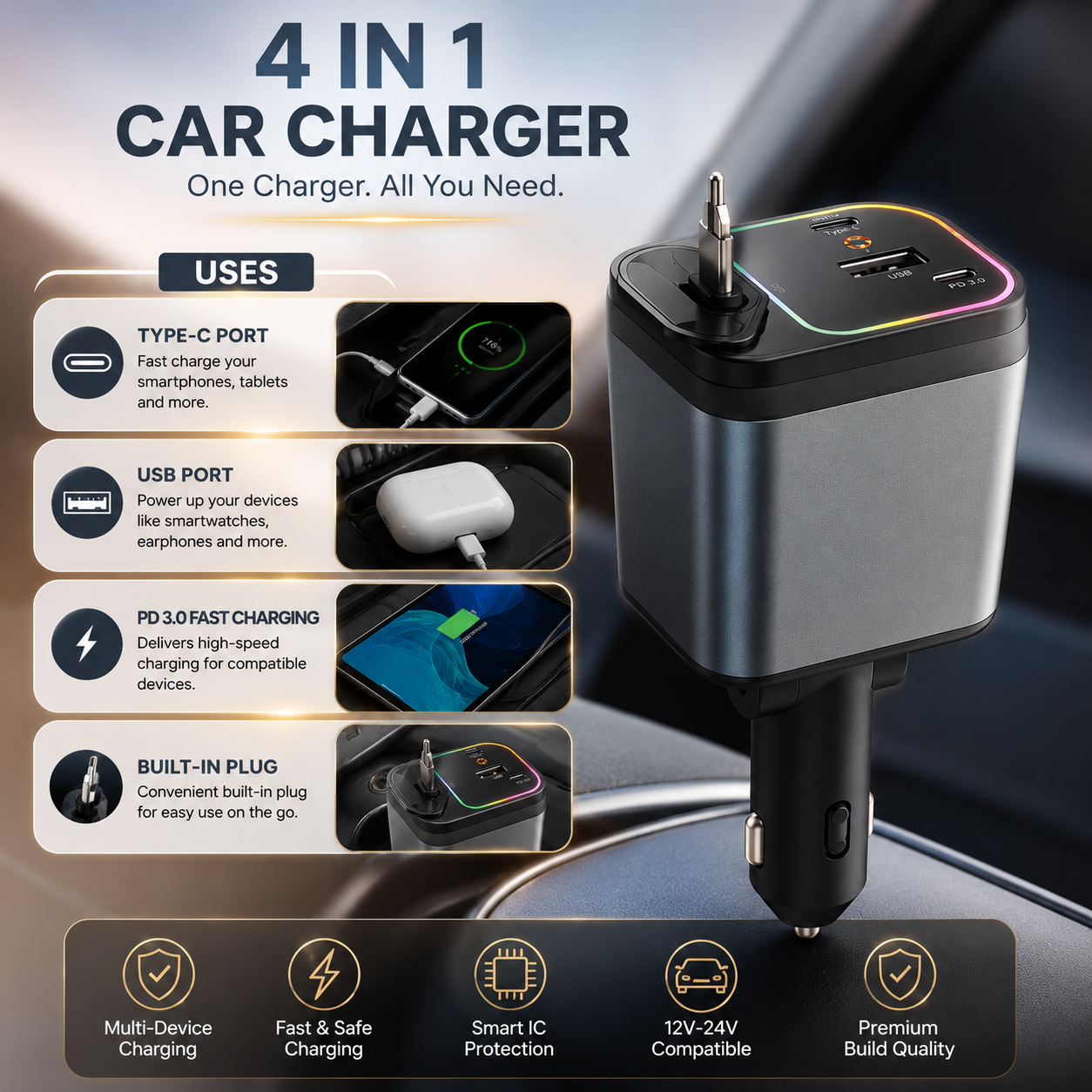FlexCharge™ 4-in-1 Retractable Fast Car Charger