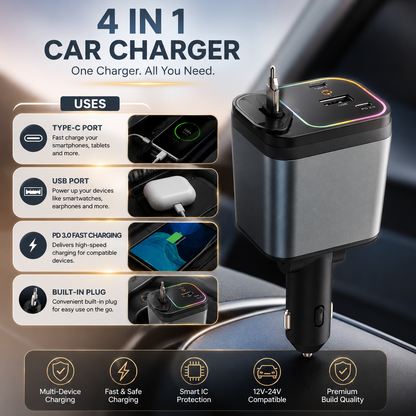 FlexCharge™ 4-in-1 Retractable Fast Car Charger