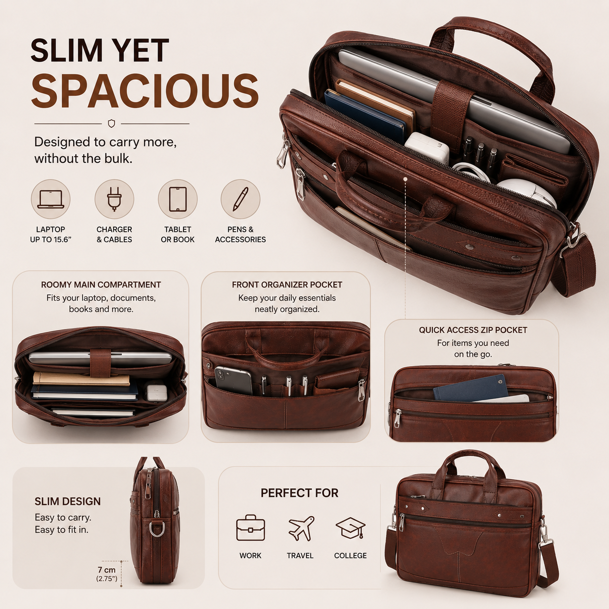 Vintage Brown Executive Briefcase with Adjustable Shoulder Strap