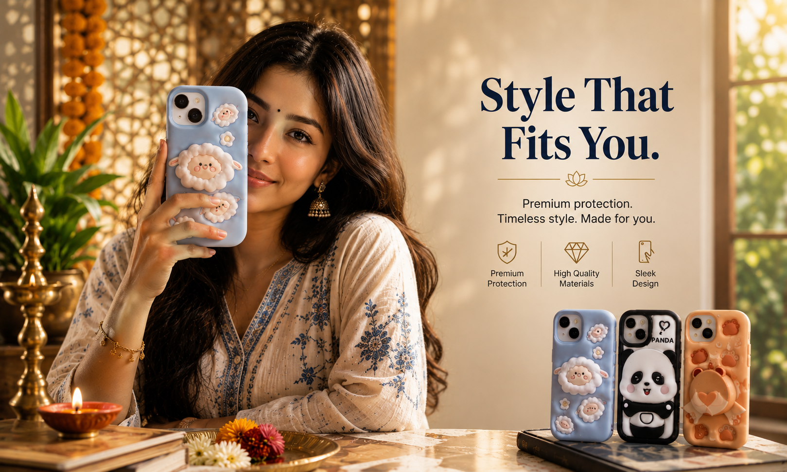 A woman holds up a light blue phone case decorated with a 3D-style cartoon cloud character. The scene is a warm, styled indoor setting with a lit diya, plants, and other phone cases shown on a table.